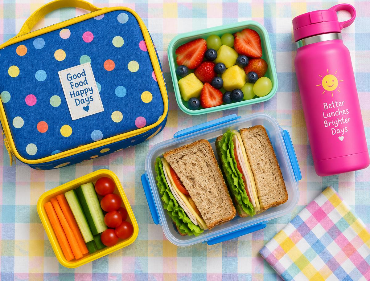 Colourful packed lunch with containers and a bottle